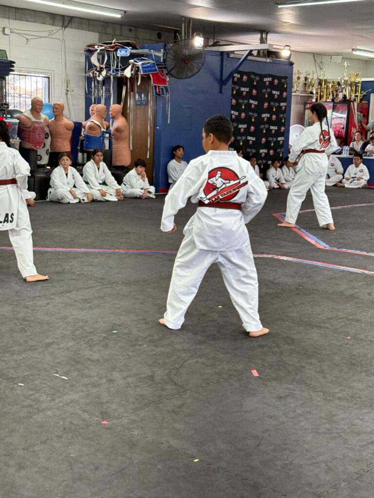 young Villa's Taekwondo students practicing techniques during class in Los Angeles
