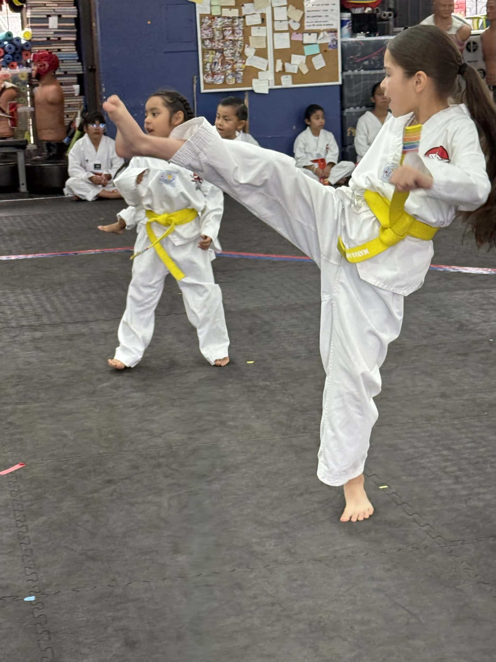 Villa's Taekwondo student practicing kicks during class in Los Angeles