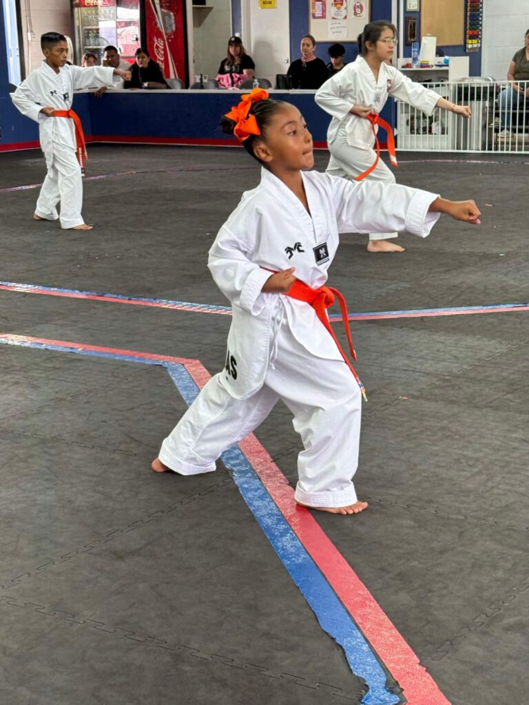 young Villa's Taekwondo students practicing techniques during class in Los Angeles