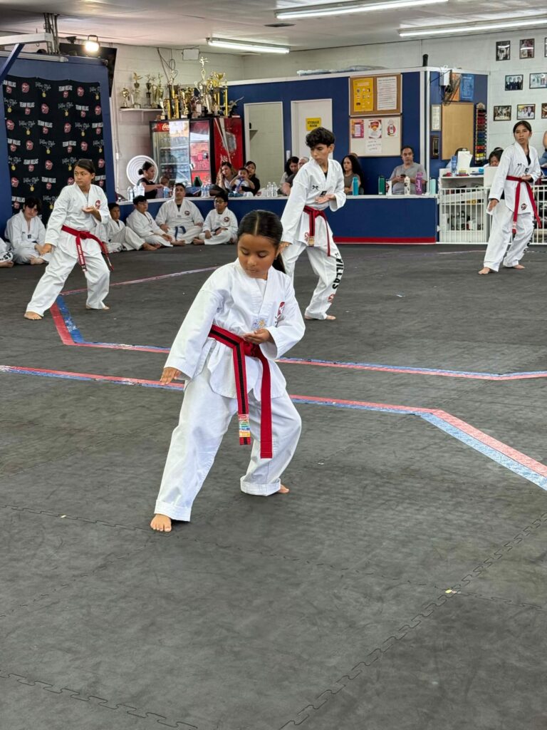 young Villa's Taekwondo students practicing techniques during class in Los Angeles