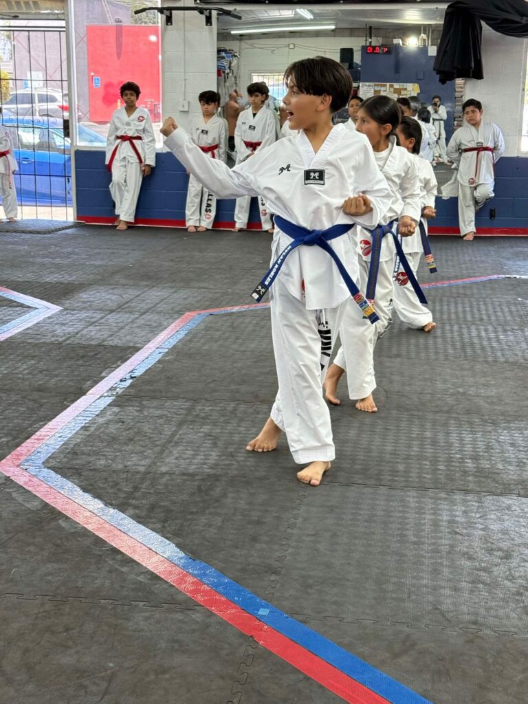 young Villa's Taekwondo students practicing techniques during class in Los Angeles